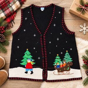 Vtg Womens Plus 1X Christmas Sweater Vest Holiday embroidered Beaded Snowmen
